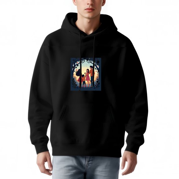Men's Loose Fit Hoodie - Colorful Family Scene Illustration Sunset Background Front Pocket Long Sleeve Pullover Sweatshirt