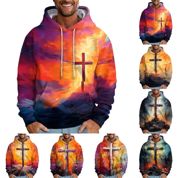 Men's Loose Fit Hoodie with Cross Print, Casual Long Sleeve Pullover Sweatshirt, Soft Fleece Streetwear for Fall Winter, Christmas Holiday, Daily Comfort,Gray,5XL