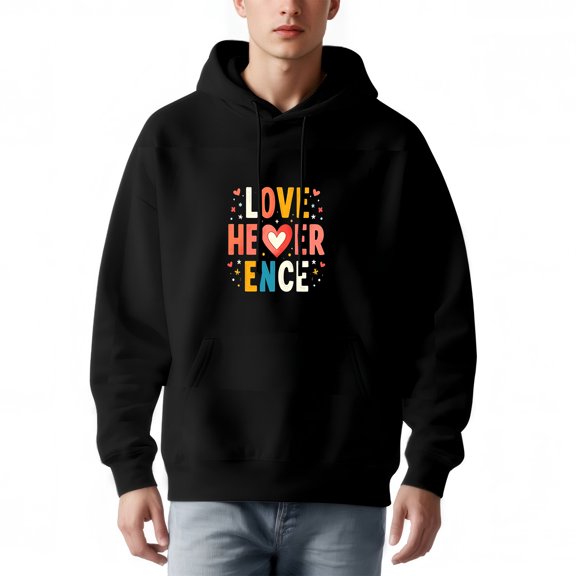 Men's Loose Fit Hoodie - Long Sleeve Pullover Sweatshirt with Pockets Colorful ' LOVE HOUR ENCE ' Design & Heart Patterns
