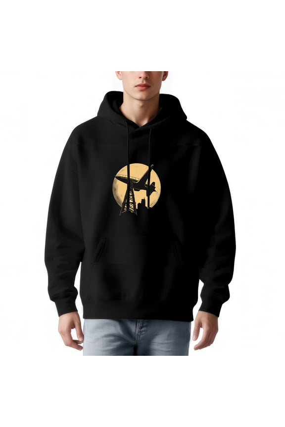 Men's Loose Fit Hoodie - Retro Sci - Fi Graphic of Futuristic Aircraft & Tower Large Front Pocket Long Sleeve Pullover Sweatshirt