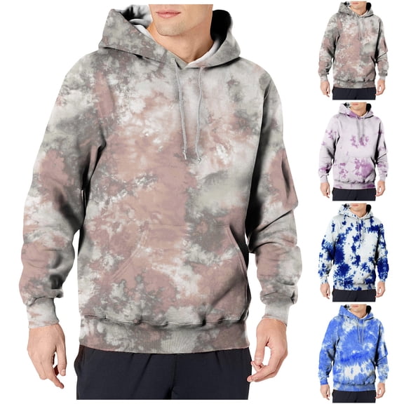Men's Loose Fit Hoodie with Tie-Dye Print, Casual Pullover Sweatshirt with Hood, Long Sleeve Streetwear for Fall Winter, Christmas Gift, Daily Comfort Wear,Blue,L