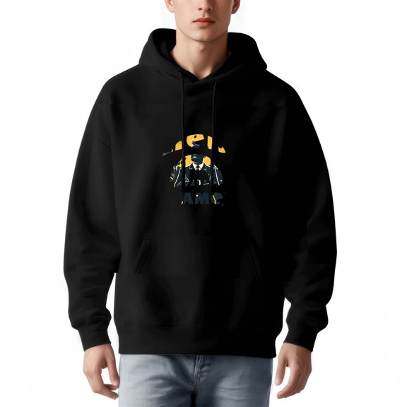 Men's Loose Fit Hoodie with Abstract Suit Illustration & ' MOM ' Text - Long Sleeve Pullover Sweatshirt with Front Pocket
