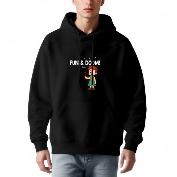 Men's Loose Fit Hoodie with Cartoon Character Design - Red Hair Green Shirt Blue ' FUN ' Text Front Zipper & Pockets