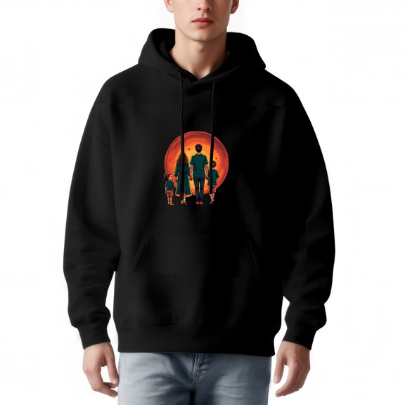 Men's Loose Fit Hoodie with Colorful Family Silhouette Design Long Sleeve Pullover Sweatshirt with Front Pocket Vibrant Sunset Background