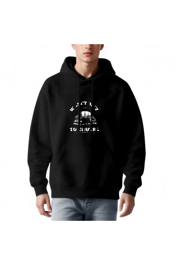 Men's Loose Fit Hoodie with Front Pocket Drawstrings and Unique Car Graphic Design - ' WATCH OUT TO MODEL ' Text Long Sleeve Pullover