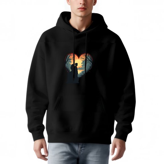 Men's Loose Fit Hoodie with Front Pocket Graphic Silhouette Design of Two People at Sunset Long Sleeve Pullover Sweatshirt