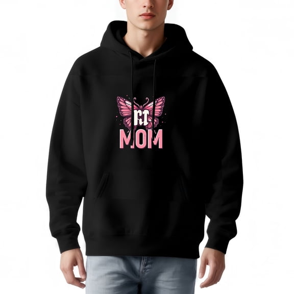 Men's Loose Fit Hoodie with Front Pocket Long Sleeve Pullover Sweatshirt featuring a Bold Pink Butterfly and ' MOM ' Design