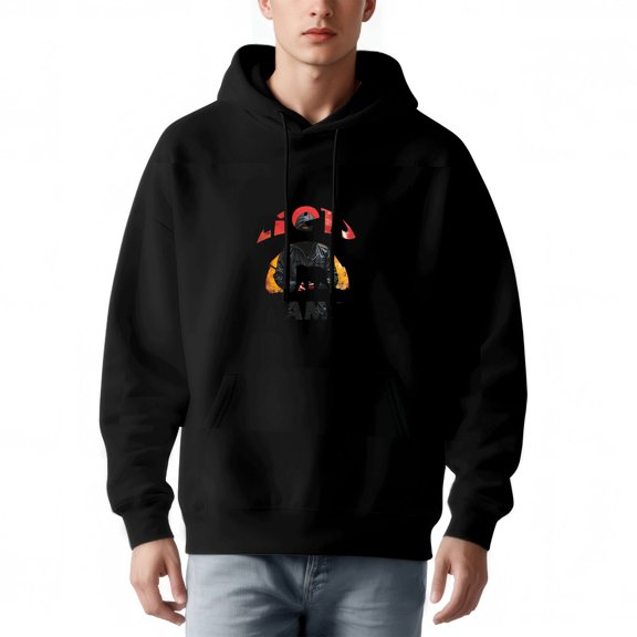Men's Loose Fit Hoodie with Helmet Graphic Red Circular Background & Flame Design Long Sleeve Pullover Sweatshirt with Pockets