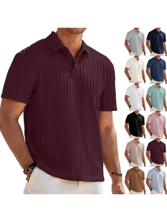 Men’s Loose Fit Knit Jacquard Polo Shirt with Button Front Short Sleeves and Classic Collar for Everyday Business Casual Style