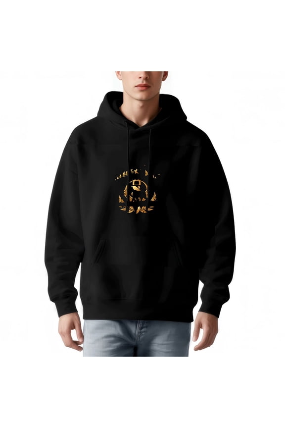 Men's Loose Fit Long Sleeve Hoodie - Black Pullover Sweatshirt with Golden Eye Graphic Design Pockets & Stylish Floral Elements