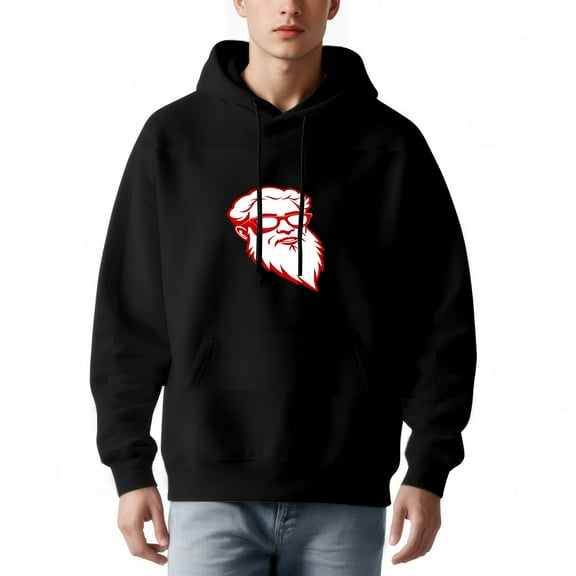 Men's Loose Fit Long Sleeve Hoodie - Black Pullover Sweatshirt with Red & White Bearded Man Graphic Front Pocket & Drawstrings
