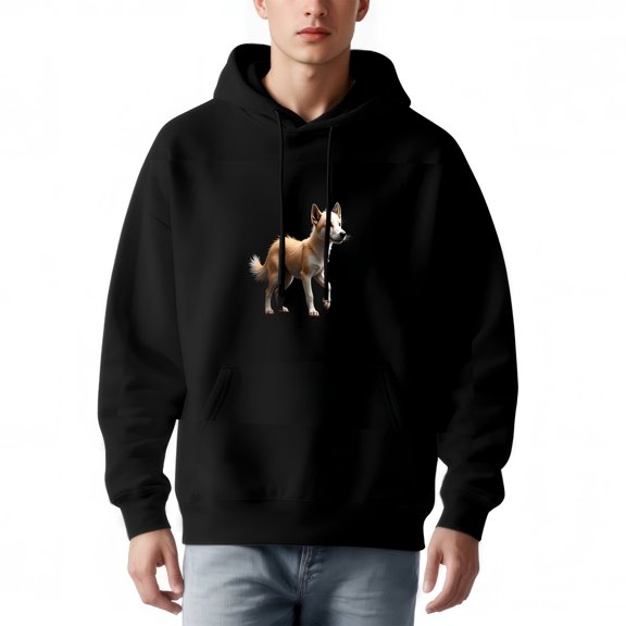 Men's Loose Fit Long Sleeve Hoodie - Simple Black Pullover with Front Pocket Drawstrings and Unique Dog Graphic Design