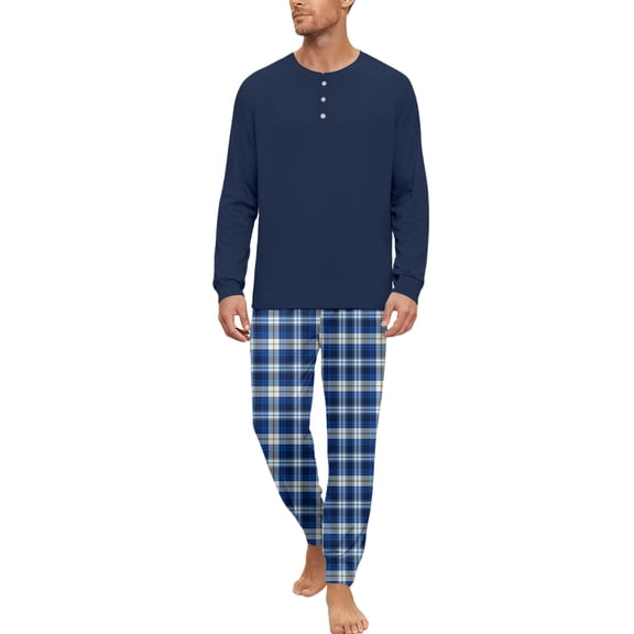 Men's Loose Fit Pajama Set Long Sleeve and Long Pants Two-Piece Outfit with Henry Collar Solid Top and Plaid Pants,Blue,4XL