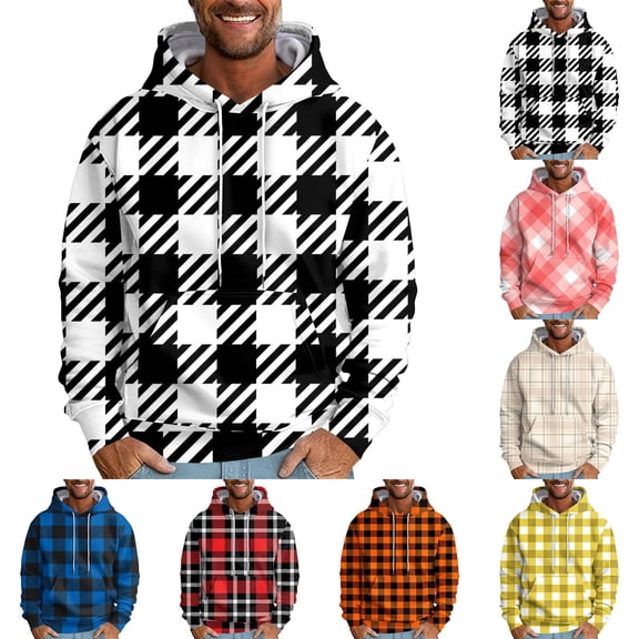 Men's Loose Fit Plaid Print Hoodie, Casual Long Sleeve Pullover Sweatshirt, Soft Fleece Streetwear for Fall Winter, Christmas Holiday, Lounge and Travel,Red,3XL