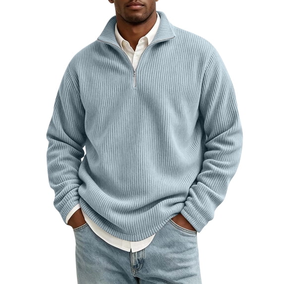 Men's Loose Fit Quarter Zip Sweatshirt Mock Neck Corduroy Long Sleeve Pullover Soft Top for Fall Light Blue 4XL