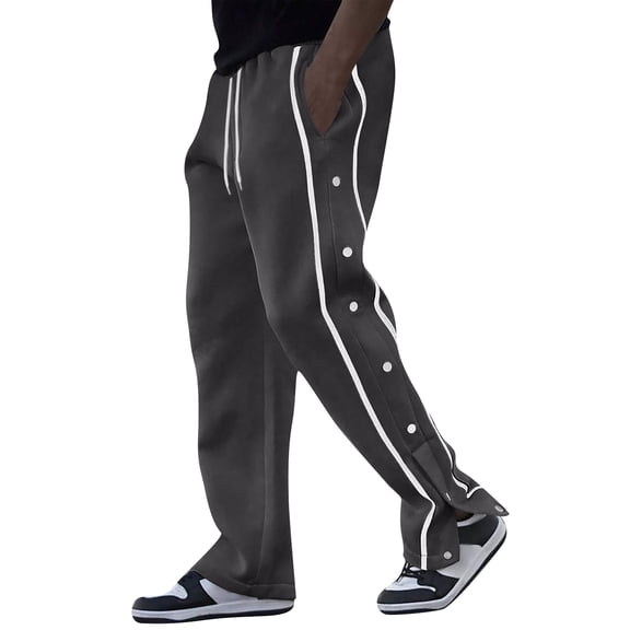 Men’s Loose Fit Snap Button Track Pants with Side Stripes Drawstring Waistband and Pockets for Sports Casual Wear