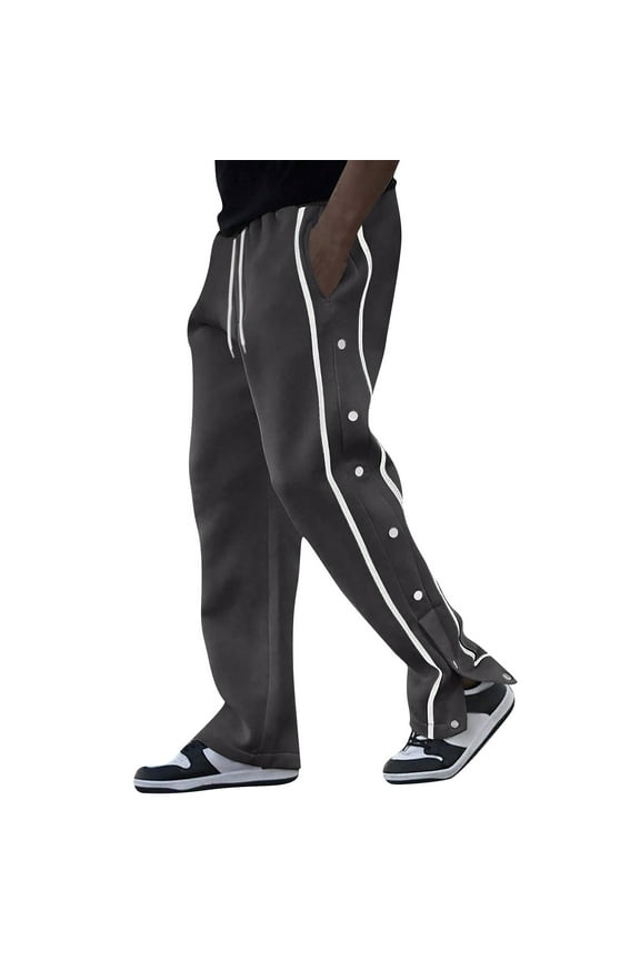Men’s Loose Fit Snap Button Track Pants with Side Stripes Drawstring Waistband and Pockets for Sports Casual Wear