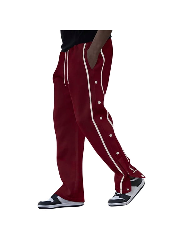 Men’s Loose Fit Snap Button Track Pants with Side Stripes Drawstring Waistband and Pockets for Sports Casual Wear