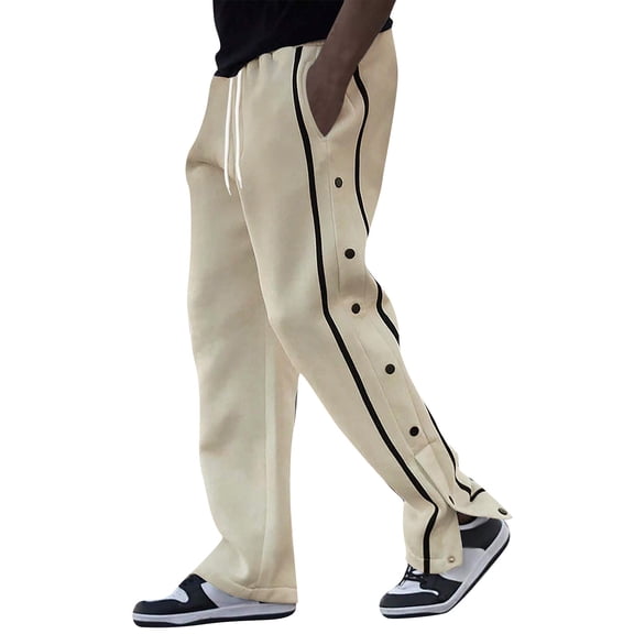 Men’s Loose Fit Snap Button Track Pants with Side Stripes Drawstring Waistband and Pockets for Sports Casual Wear