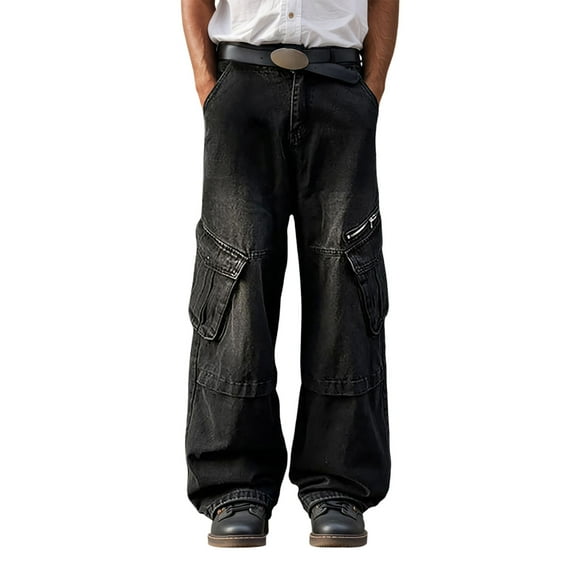 Men's Loose Fit Washed Denim Jeans Casual Streetwear Hop Baggy Cargo Pants with Zipper Comfortable Wide Leg Trousers for Summer