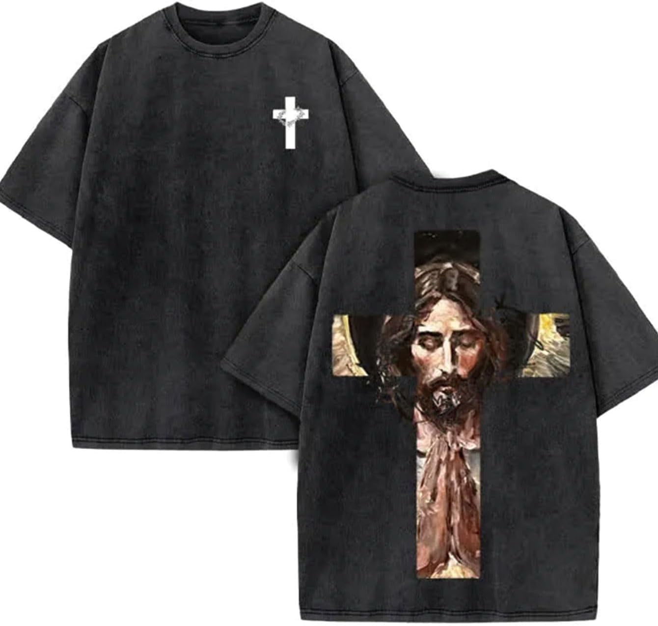 Men's Loose-Fitting Christian Pattern T-Shirt - Retro Washed Cotton ...