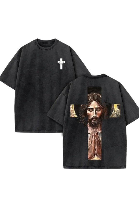 Men's Loose-Fitting Christian Pattern T-Shirt - Retro Washed Cotton Street T-Shirt, Religious Bible Text Top