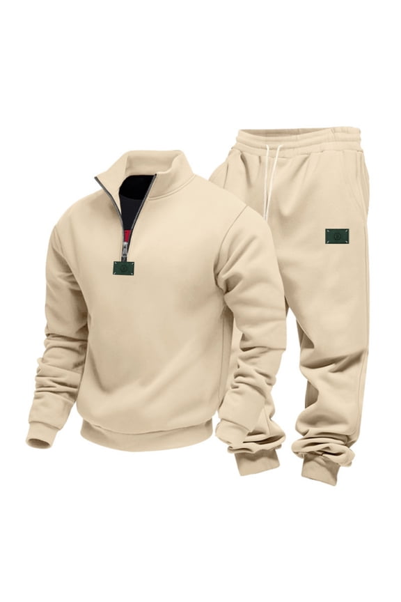 Men's Loose Fleece Casual Stand-Up Collar Long-Sleeved Sweatpants Two-Piece Set with Logo (Letter B) for Relaxed Fit and Urban Style,Khaki,L