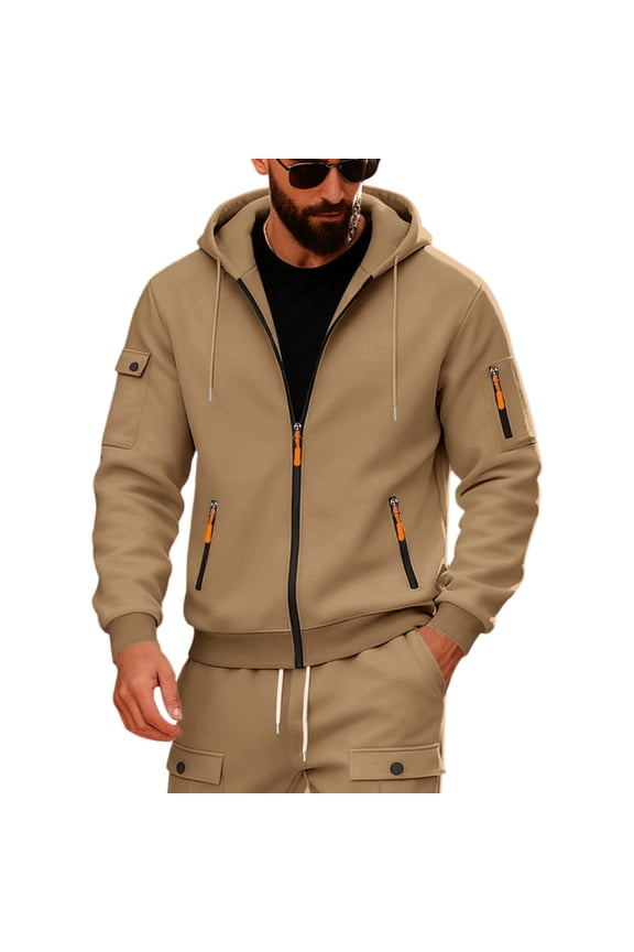 Men's Loose Hooded Zip Cardigan with Arm Pocket, Casual Sports Sweatshirt Jacket, Camel, Size M