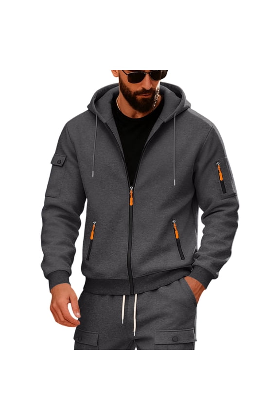 Men's Loose Hooded Zip Cardigan with Arm Pocket, Casual Sports Sweatshirt Jacket, Dark Gray, Size M