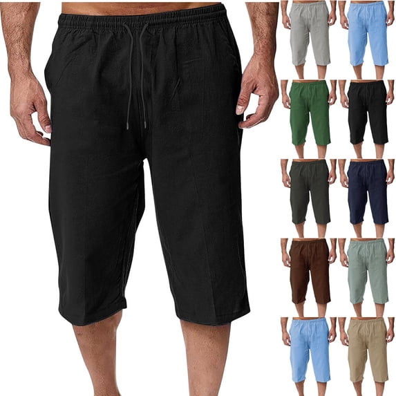 Men's Loose Linen Cropped Pants Casual Trousers, Joggers, Elastic Waist Drawstring Straight Leg, Lightweight Breathable Quick Dry, Summer Daily Beach Vacation Yoga Travel,