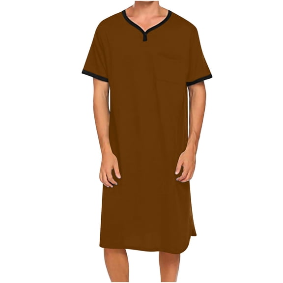 Men's Loose Nightshirts Homewear Short Sleeve V Neck Soft Summer Sleepwear Nightwear Pajama Long Tops for Men (2XL, Brown #B)