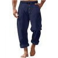 Men's Loose Pants Casual Beach Solid Color Loose Drawstring Button Pocket Pants Navy