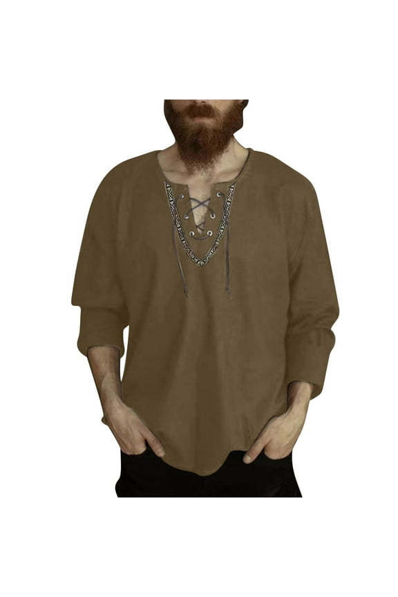 Men's Loose Retro Lace Up Shirts Cotton Linen V-neck Long Sleeve Top Renaissance Pirate Viking Medieval Blouse