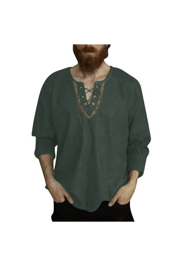 Men's Loose Retro Lace Up Shirts Cotton Linen V-neck Long Sleeve Top Renaissance Pirate Viking Medieval Blouse
