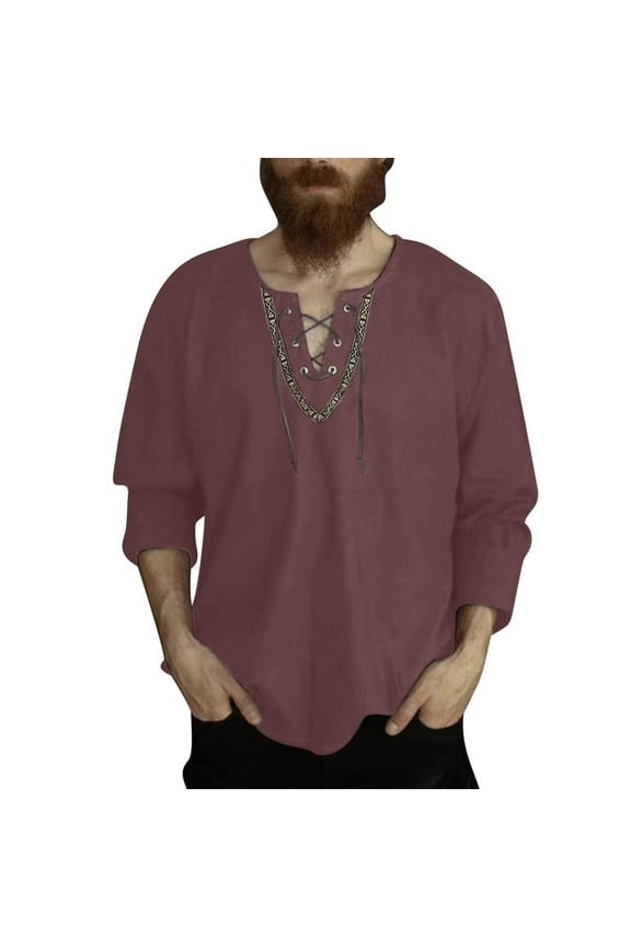 Men's Loose Retro Lace Up Shirts Cotton Linen V-neck Long Sleeve Top Renaissance Pirate Viking Medieval Blouse