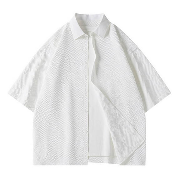 ZQUUVOU Men's Loose Short Sleeve Shirt Solid Color Turndown Collar Button Short Sleeved White