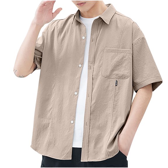 ZQUUVOU Men's Loose Short Sleeved Shirt Solid Color Casual Jacket T-Shirt Coffee