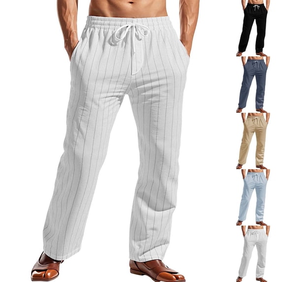 Men’s Loose Straight Striped Cotton Linen Pants Breathable Summer Casual Bottoms