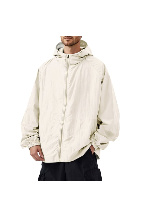 Men's Loose Sun Jacket, Casual Outdoor Windproof Coat, Breathable Long Sleeve Hiking Fishing Gear for Summer Spring Outdoor Activities, Beige/3XL