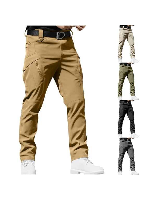 Men's Loose Waterproof Multi-Pocket Work Pants, Cargo Trousers, Elastic Waist Straight Leg, Quick Dry Breathable, Hiking Fishing Construction, Outdoor Workwear | AESTIVO,Khaki L