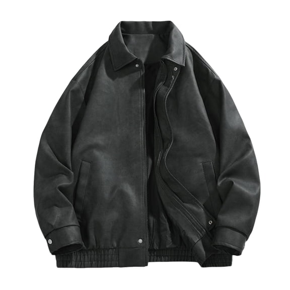 Men's Loose Zip-Up Vintage Motorcycle PU Leather Jacket, Black, Size M