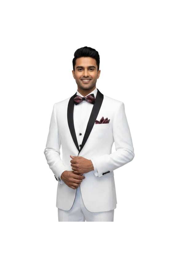 Men's Lorenzo Bruno Shawl Tuxedo Slim 3 Piece Shiny Formal Suit S6501V White