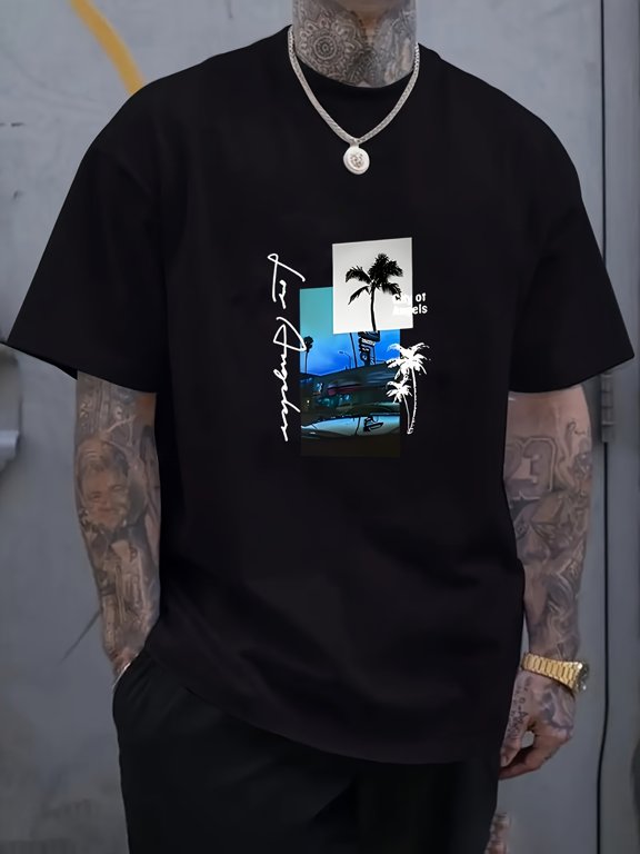 Men's Los Angeles Graphic T-Shirt - Soft Everyday Tee with LA Palm Tree Design, Machine Washable Black Shirt for Casual, Gym, Vacation - Everyday California Style Top, Laidback Fashion, Relaxed Fit