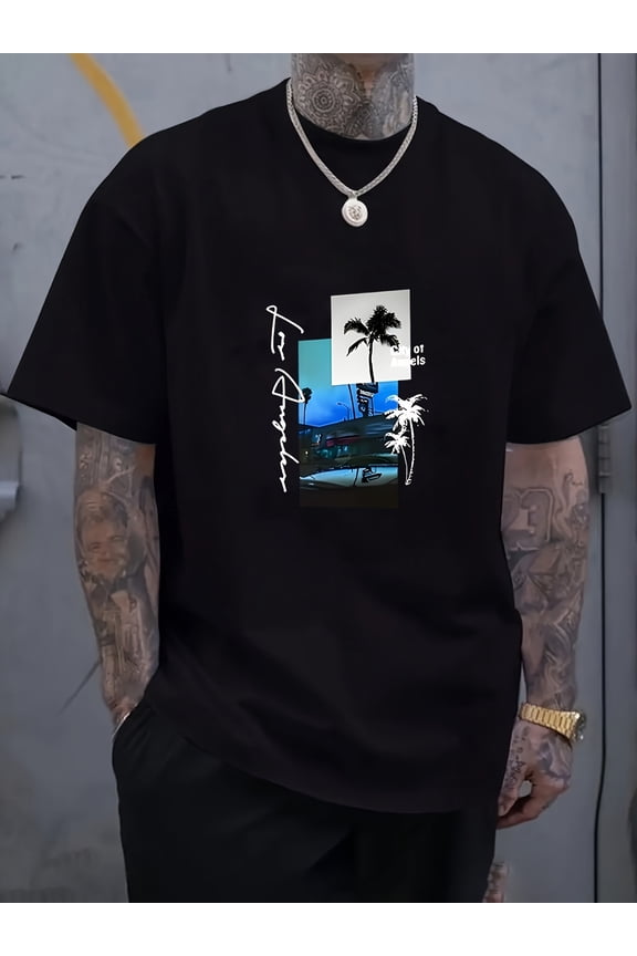 Men's Los Angeles Graphic T-Shirt - Soft Everyday Tee with LA Palm Tree Design, Machine Washable Black Shirt for Casual, Gym, Vacation - Everyday California Style Top, Laidback Fashion, Relaxed Fit