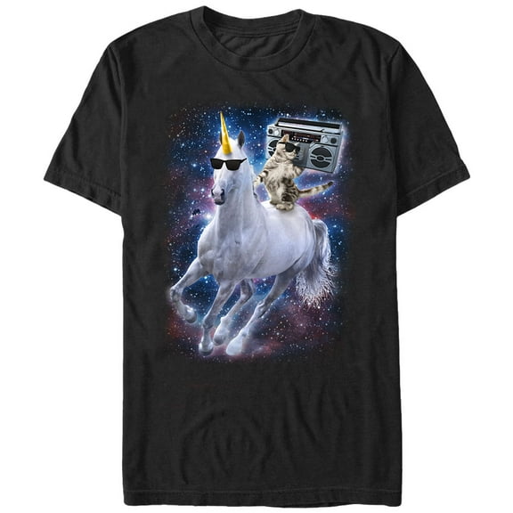 Men's Lost Gods Boombox Cat and Unicorn Space Song Graphic Tee Black Medium