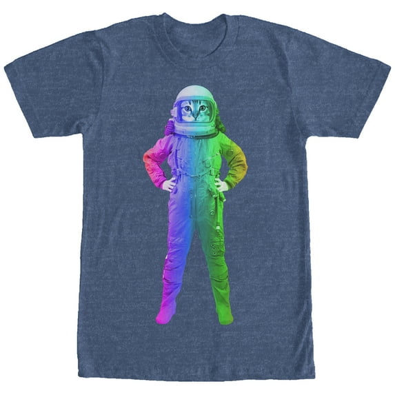 Men's Lost Gods Cat Astronaut Rainbow Graphic Tee Navy Blue Heather Large