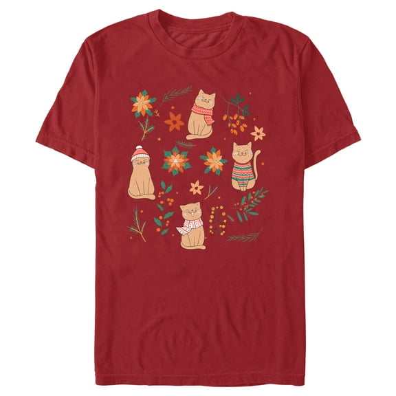 Men's Lost Gods Christmas Floral Cats  Graphic Tee Cardinal Small