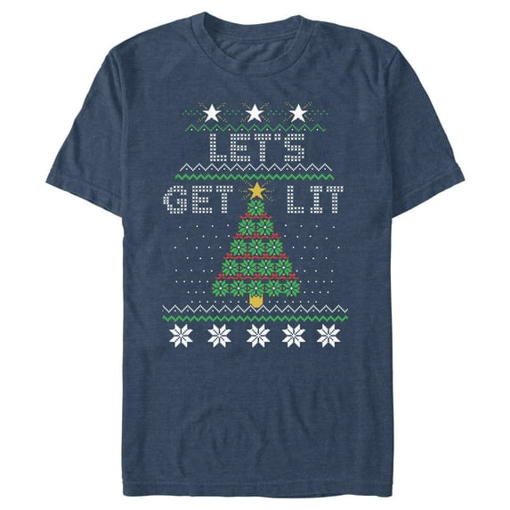 Men's Lost Gods Christmas Let's Get Lit Tree Graphic Tee Navy Blue Heather 3X Large