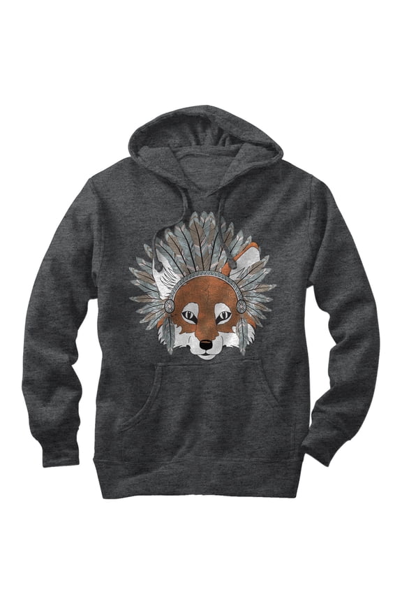 Men's Lost Gods Fox Feather Headdress Pull Over Hoodie Charcoal Heather Small