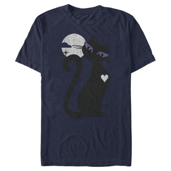 Men's Lost Gods Halloween Full Moon Black Cat Heart Graphic Tee Navy Blue 3X Large